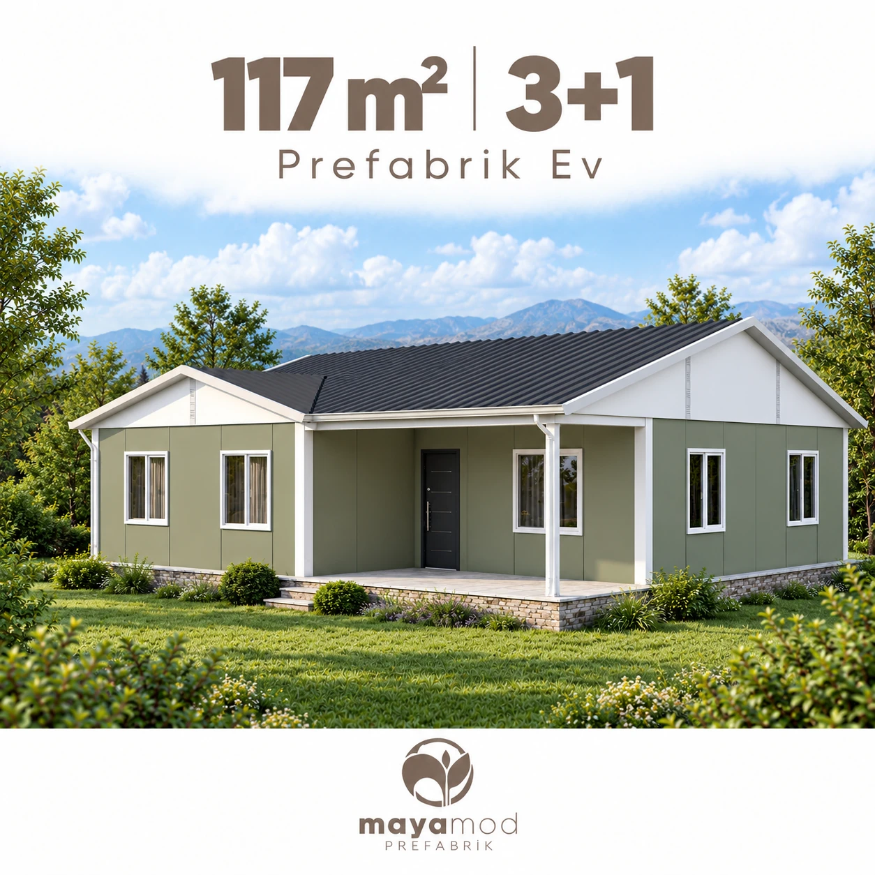 117 m² 3+1 prefabrik evin dijital cephe görseli