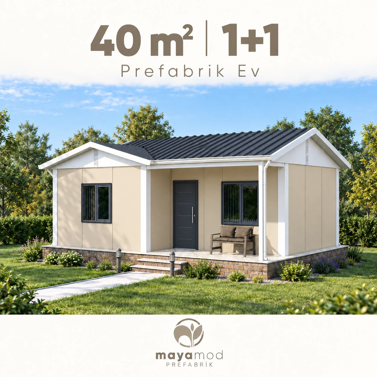 40 m² 1+1 prefabrik evin dijital cephe görseli