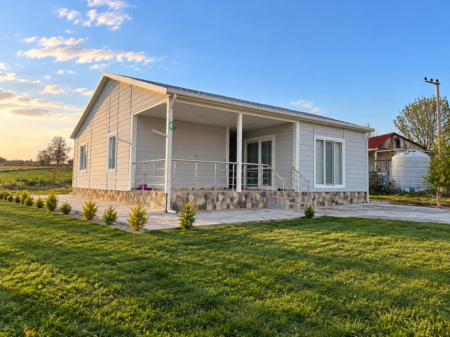 Verandalı prefabrik evin cephe görseli